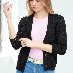 LOFT Ann Taylor Crochet Cardigan Button Front 3/4 Sleeve V-Neck Ribbed Trims